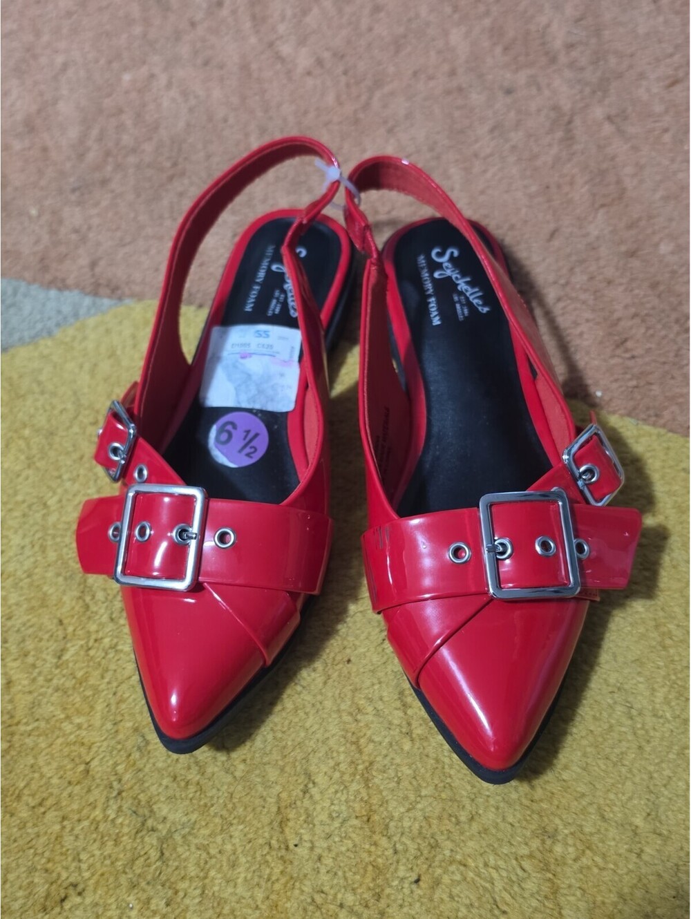 Seychelles Red Patent Buckle Slingback Memory Foam Flats Women's Size 6.5